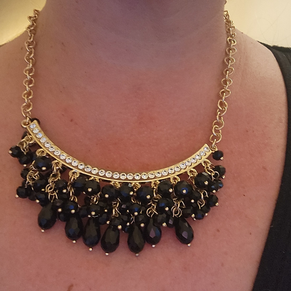 Golden Tone Necklace with Black Teardrop Beads - Elegant Fringe Pendant